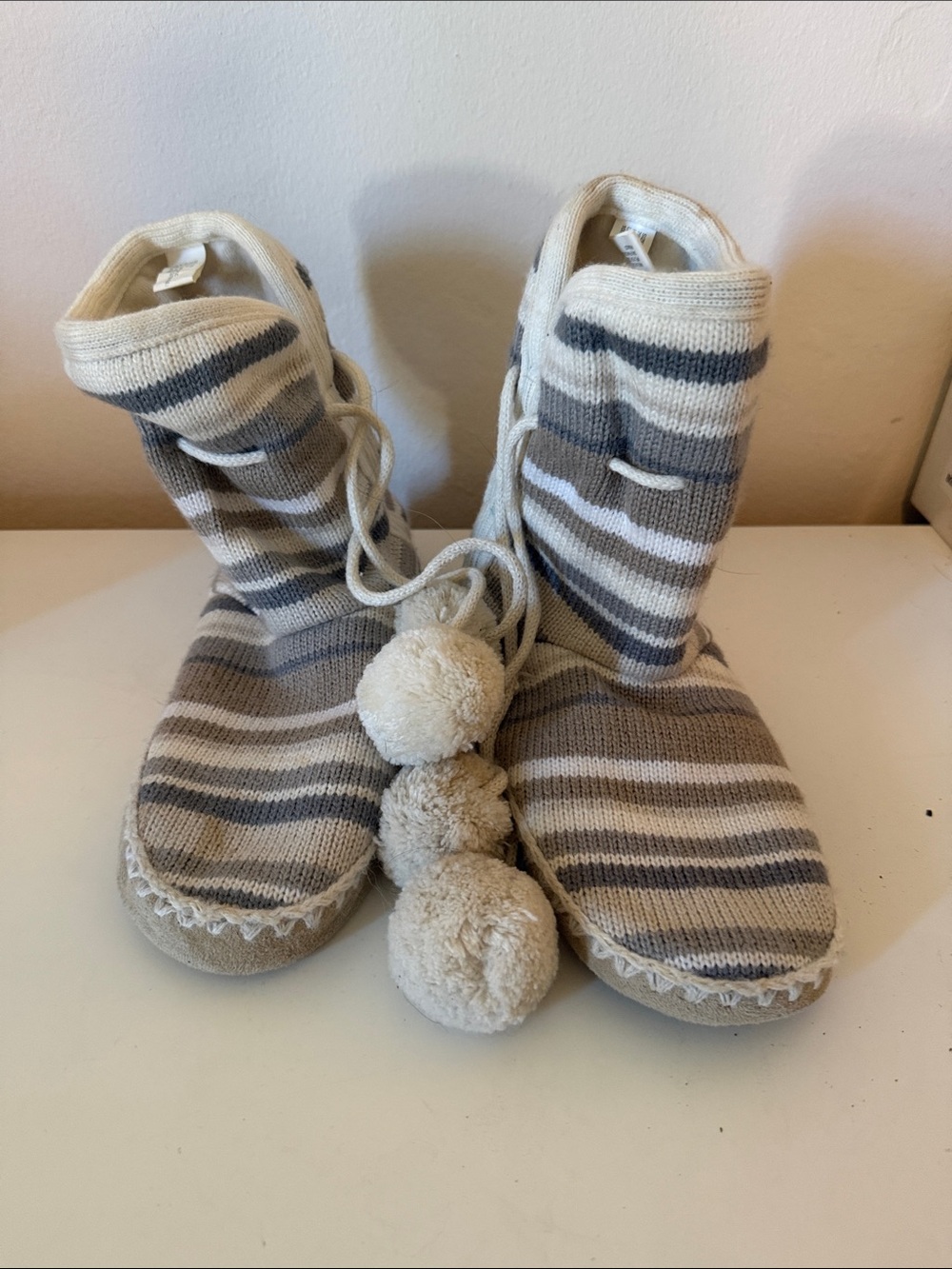 Old Navy Striped Knit Pom-Pom Slipper Boots - Medium 7-8
